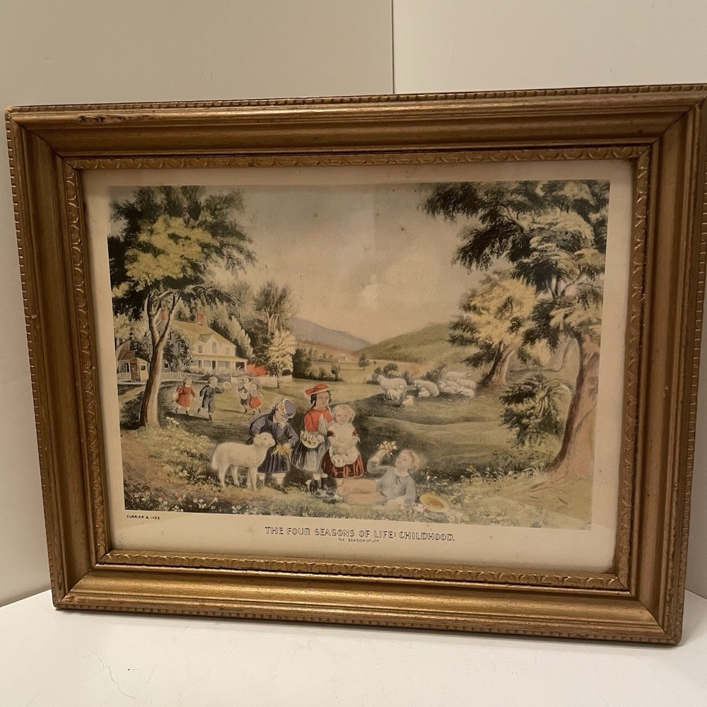 Vtg Framed Courier & Ives Print "Season Of Joy" Mid Century Americana Home Decor
